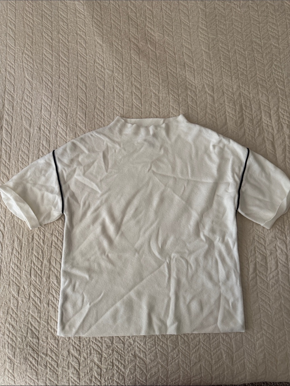 White Short-Sleeve Knit mock neck, with Contrast Piping